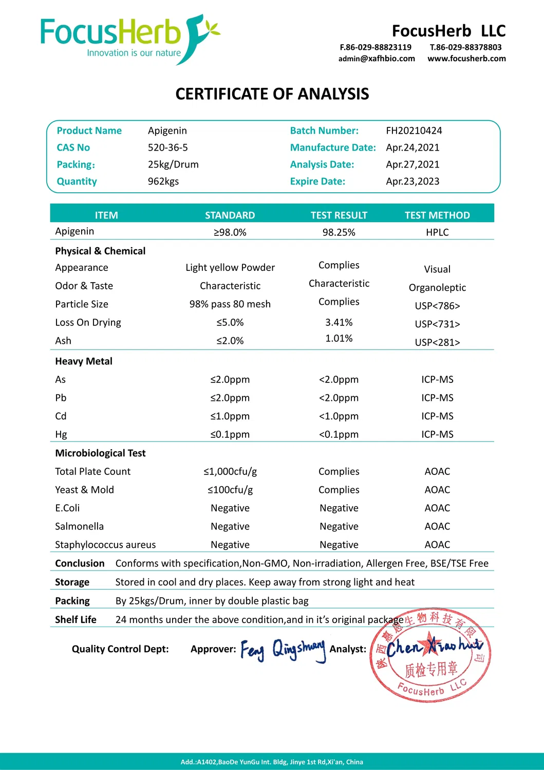 Focusherb CAS 520-36-5 98% Chamomile Extract Powder Apigenin