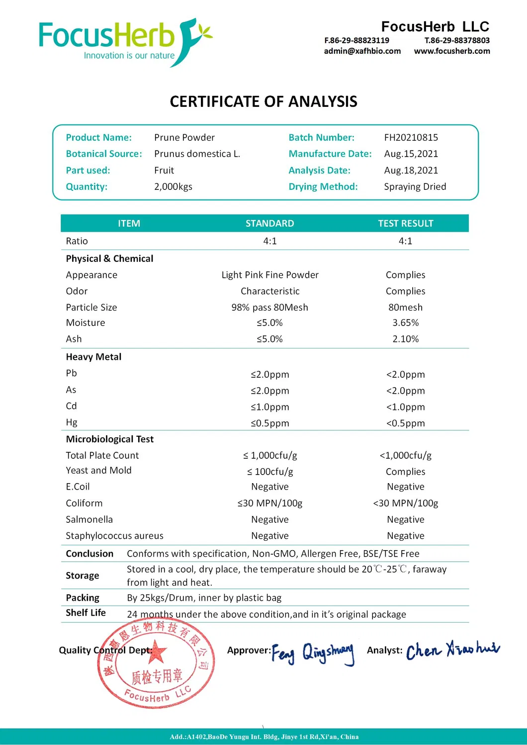 Focusherb Spray Drying Fruit Powder SD Prune Powder