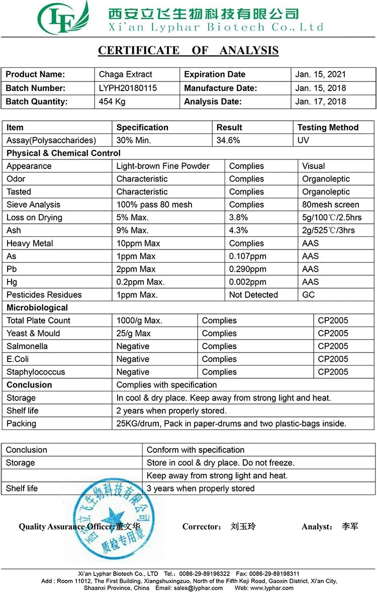 Lyphar Supply Chaga Extract Polysaccharides Chaga Mushroom Extract