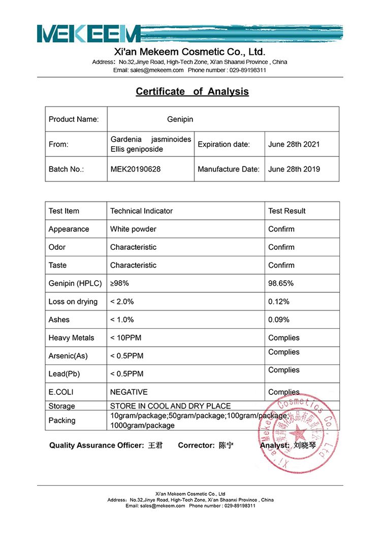Mekeem Provide Favourable 98% Genipin Powder Price
